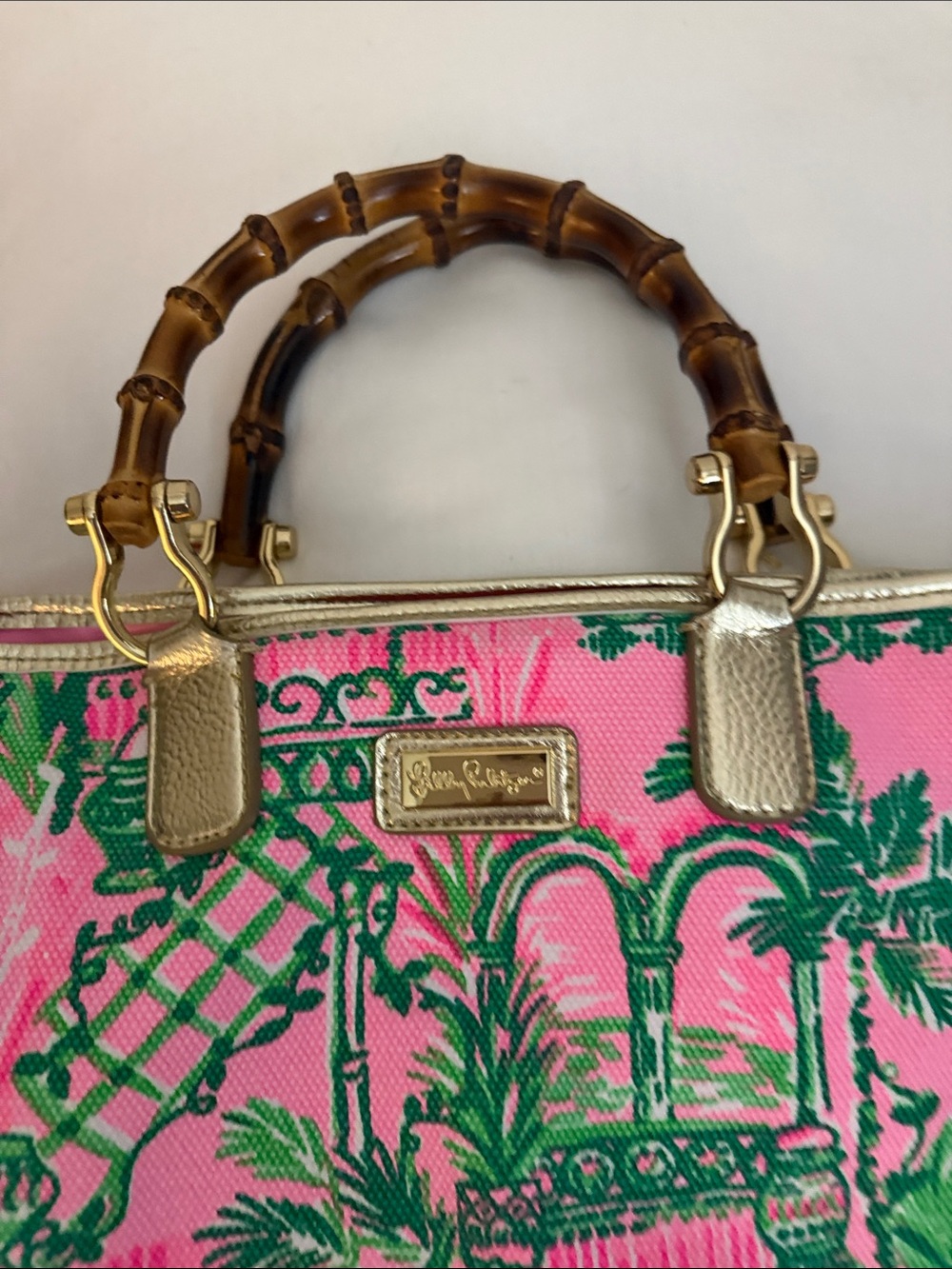 Lily Pulitzer Pink and Green Bamboo-Handle Tote - Picture 2 of 5